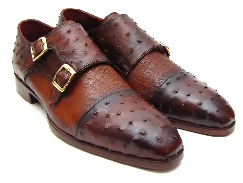 Artisan Double Monkstrap Shoes in Premium Brown & Tobacco Ostrich Leather