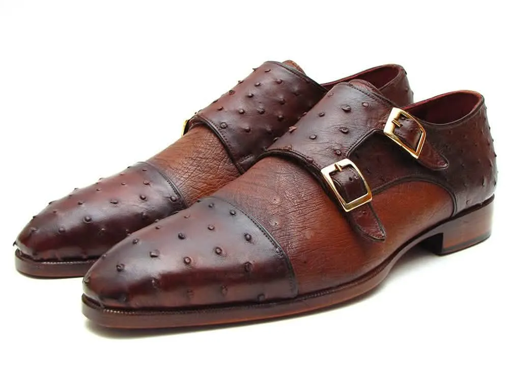 Artisan Double Monkstrap Shoes in Premium Brown & Tobacco Ostrich Leather