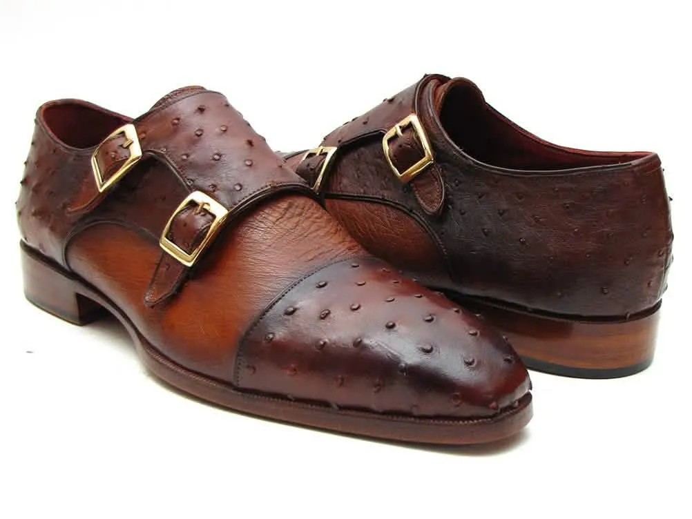 Artisan Double Monkstrap Shoes in Premium Brown & Tobacco Ostrich Leather