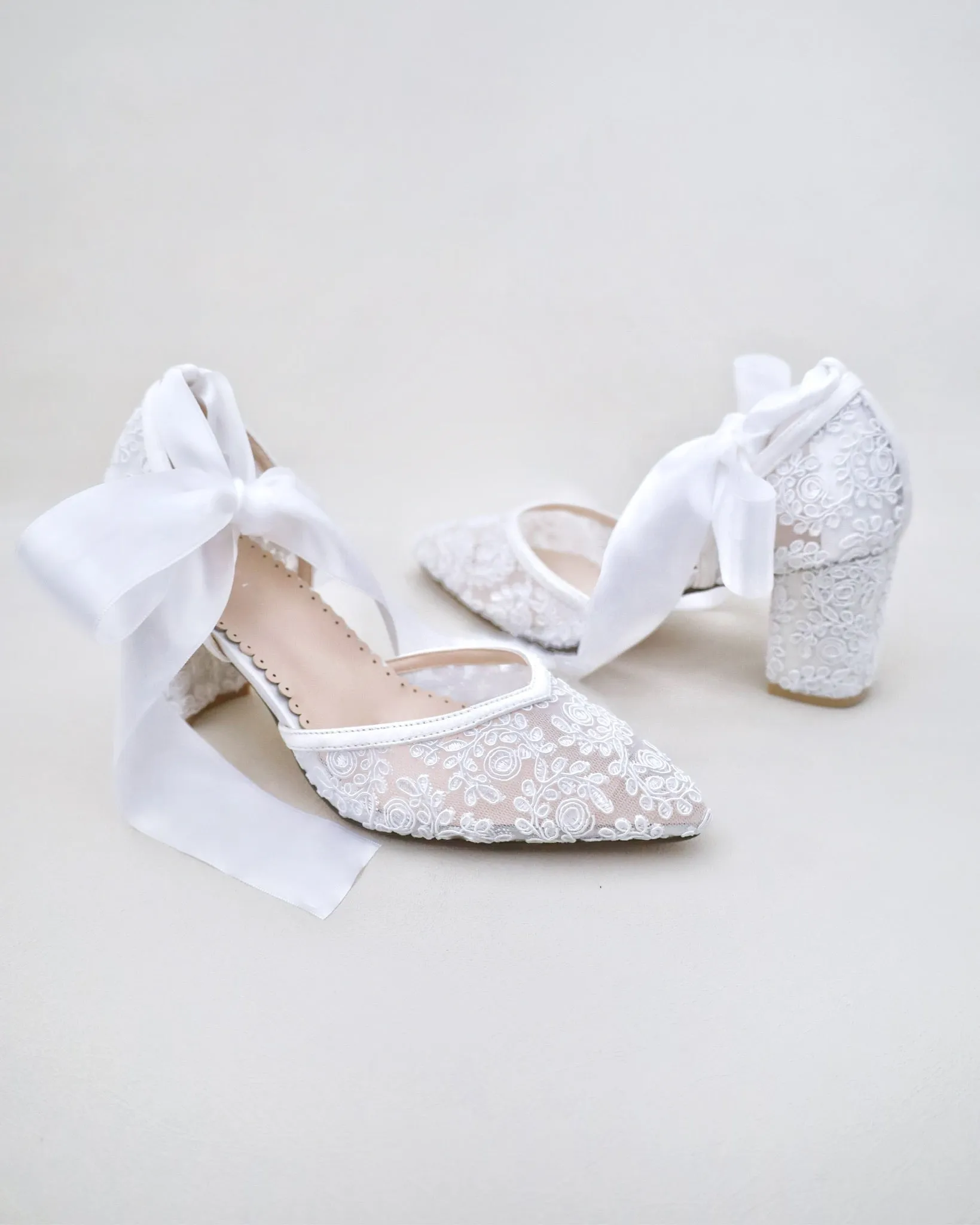 Block Heel Lace Ankle Wrap Bridal Shoes