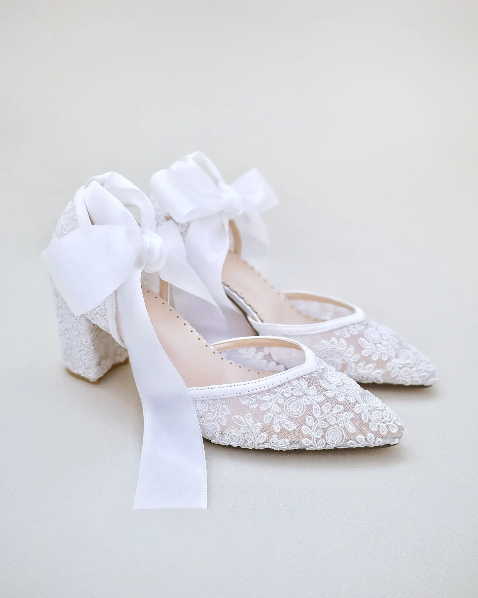 Block Heel Lace Ankle Wrap Bridal Shoes
