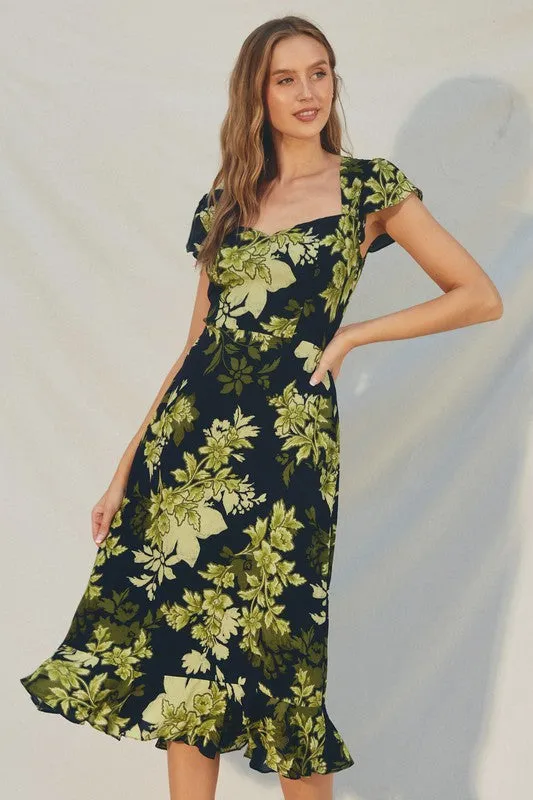 Carmen Short Cap Sleeve Floral Print Midi Dress Black