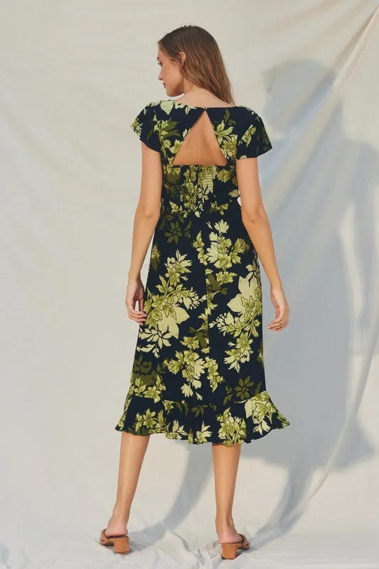 Carmen Short Cap Sleeve Floral Print Midi Dress Black