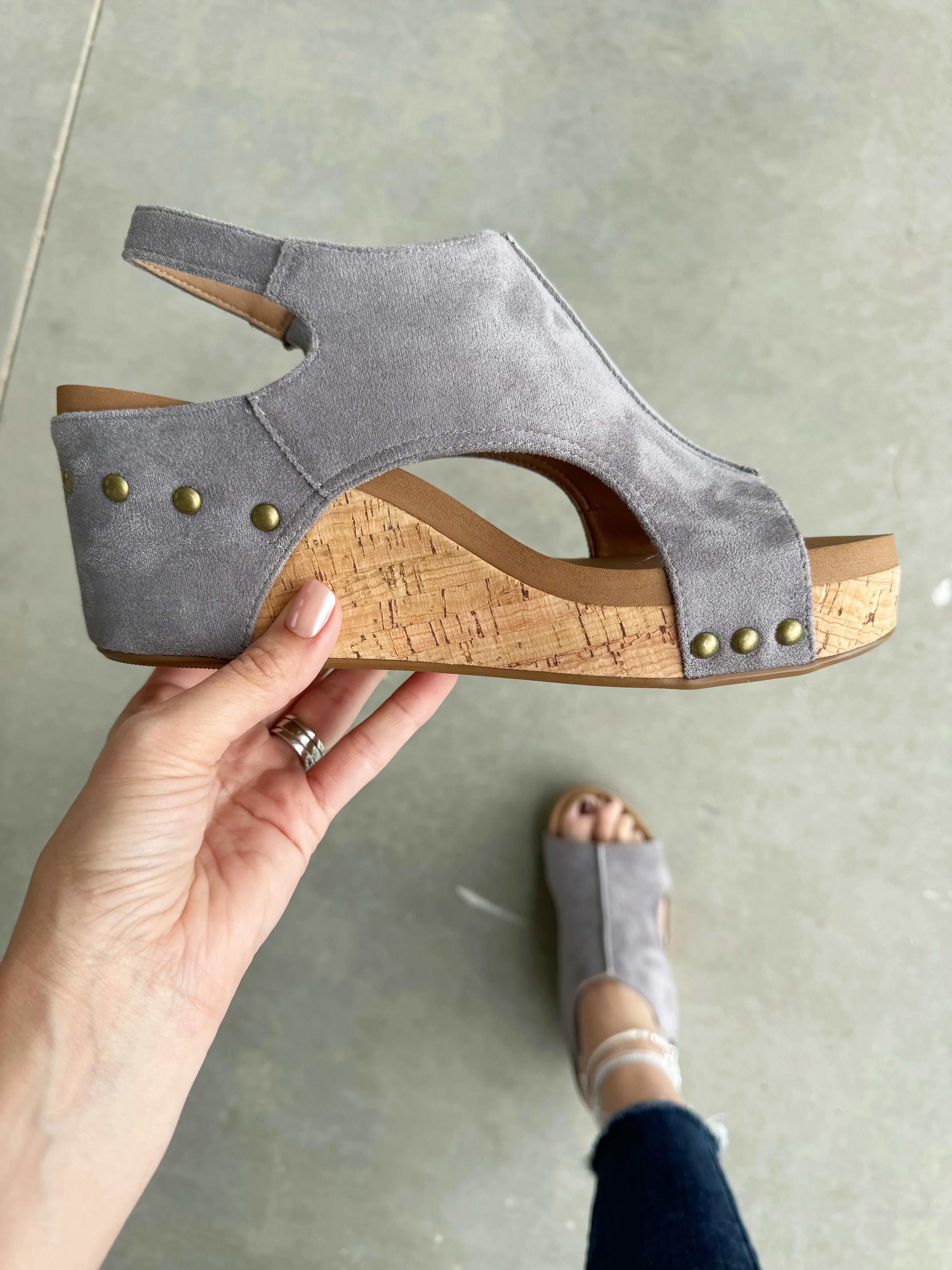 Corky’s Carley Faux Suede Sandals in Light Gray