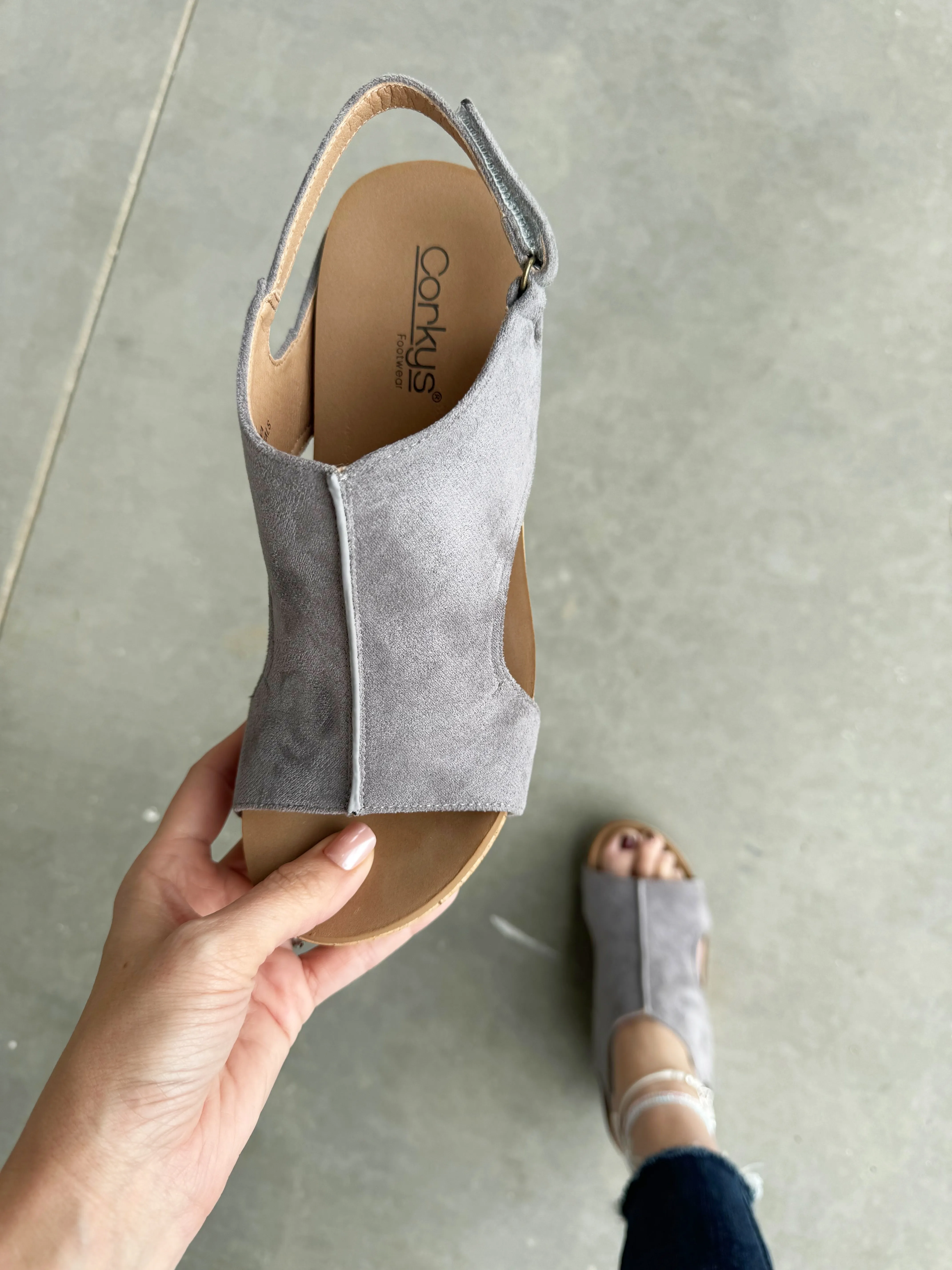 Corky’s Carley Faux Suede Sandals in Light Gray
