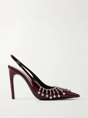 Crystal-embellished patent-leather slingback pumps