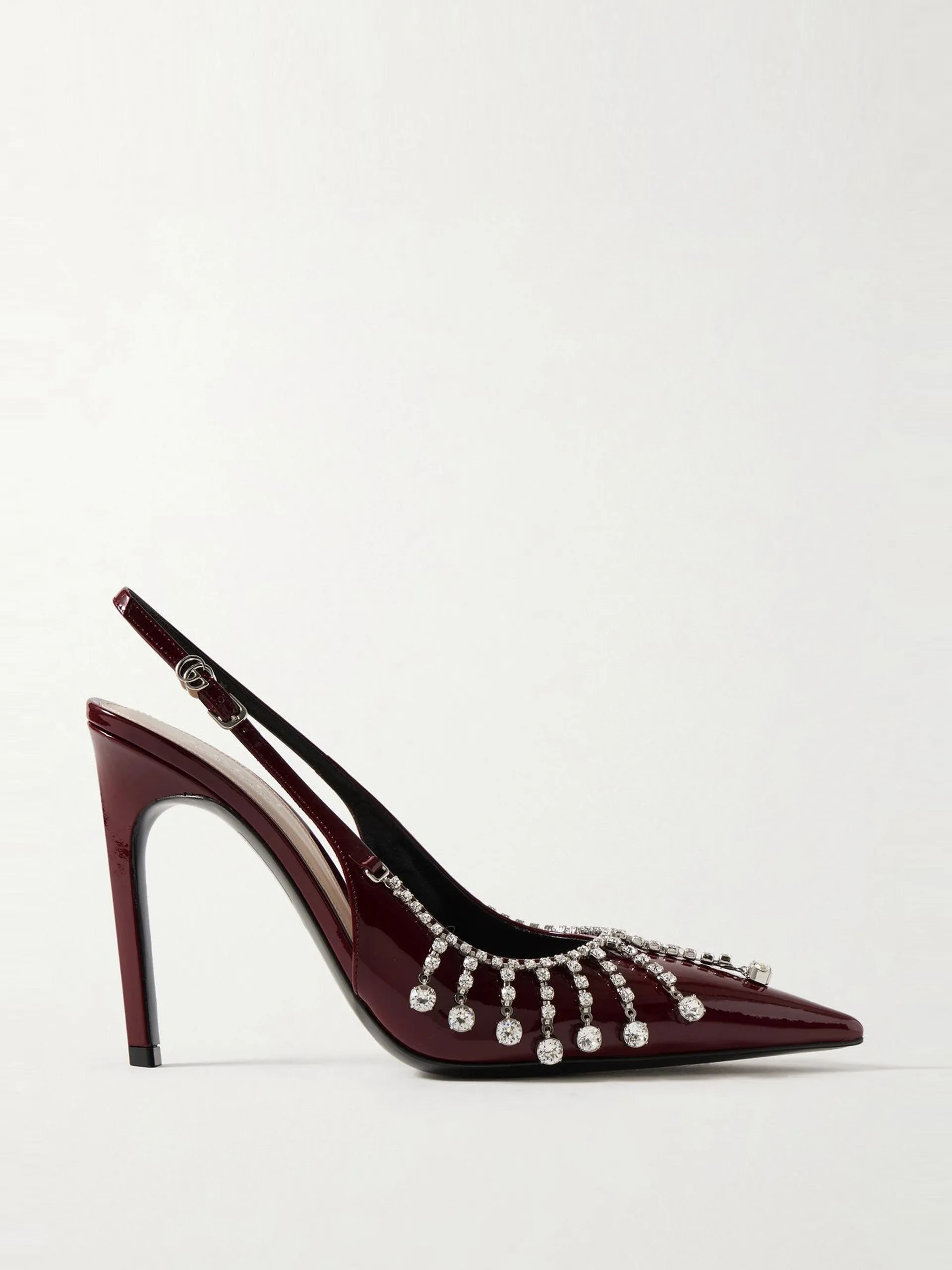 Crystal-embellished patent-leather slingback pumps