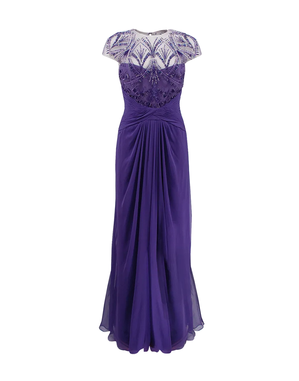 Embroidered Jewelneck Drape Gown