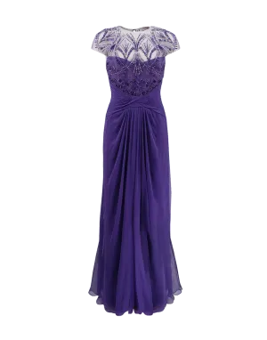 Embroidered Jewelneck Drape Gown