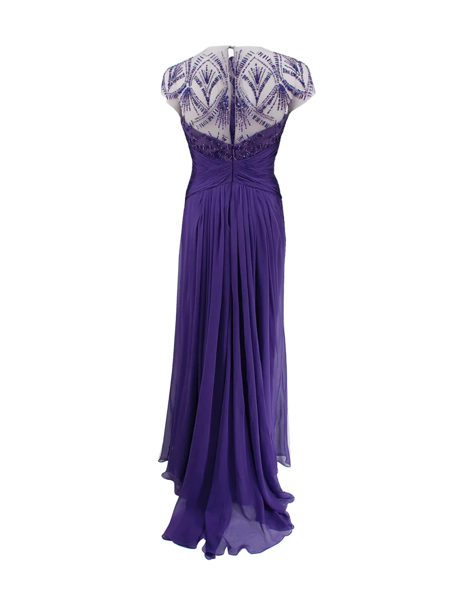 Embroidered Jewelneck Drape Gown