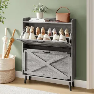everyday Farmhouse Shoe Cabinet with Barn Doors & 2 Flip Drawers, Wood Shoe Storage Rack Organizer Holds 16 Pairs Shoes for Entryway/Hallway/Closet, Brown
