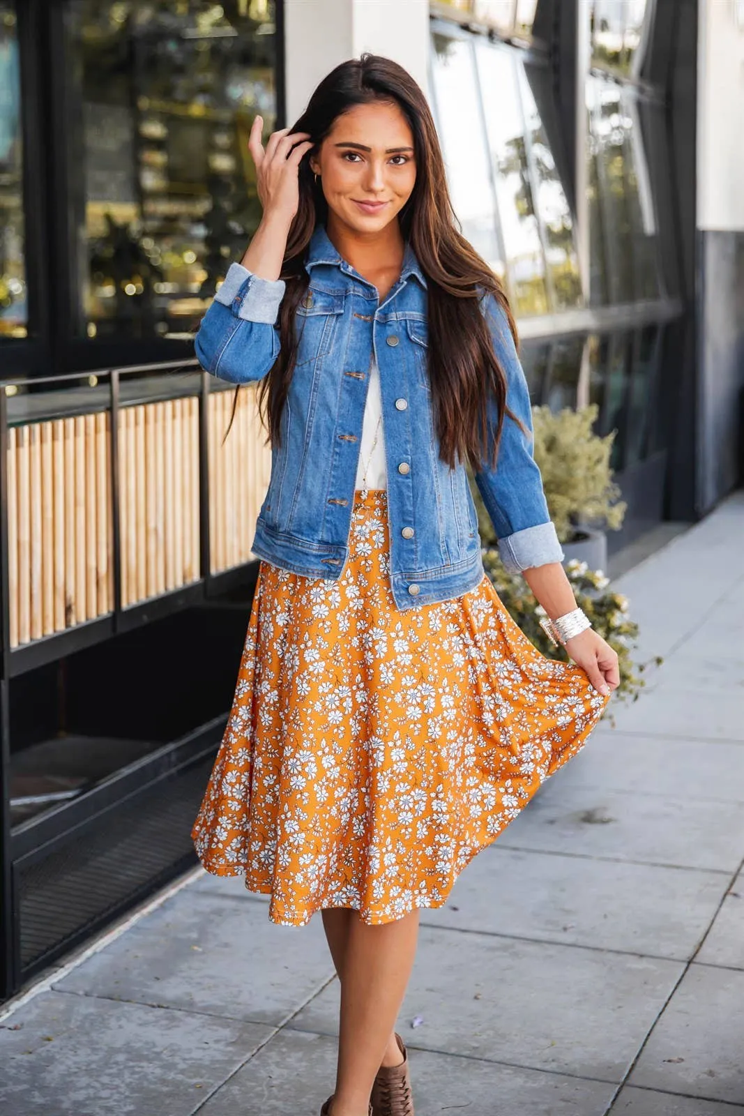 Floral A-line Knee Length Laura Skirt: Green