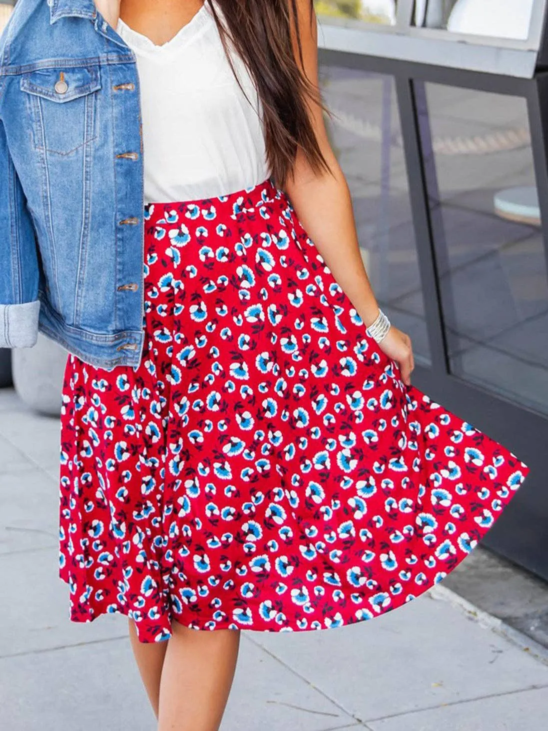 Floral A-line Knee Length Laura Skirt: Green