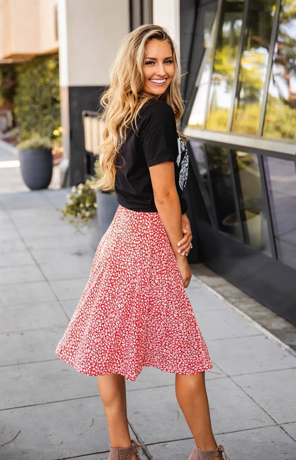 Floral A-line Knee Length Laura Skirt: Green