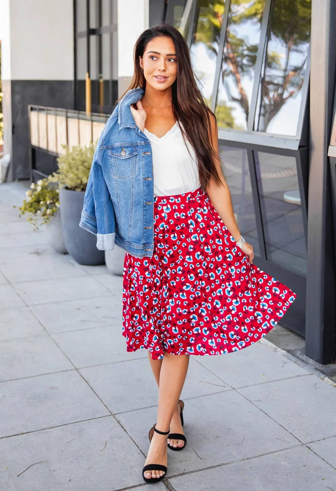 Floral A-line Knee Length Laura Skirt: Green