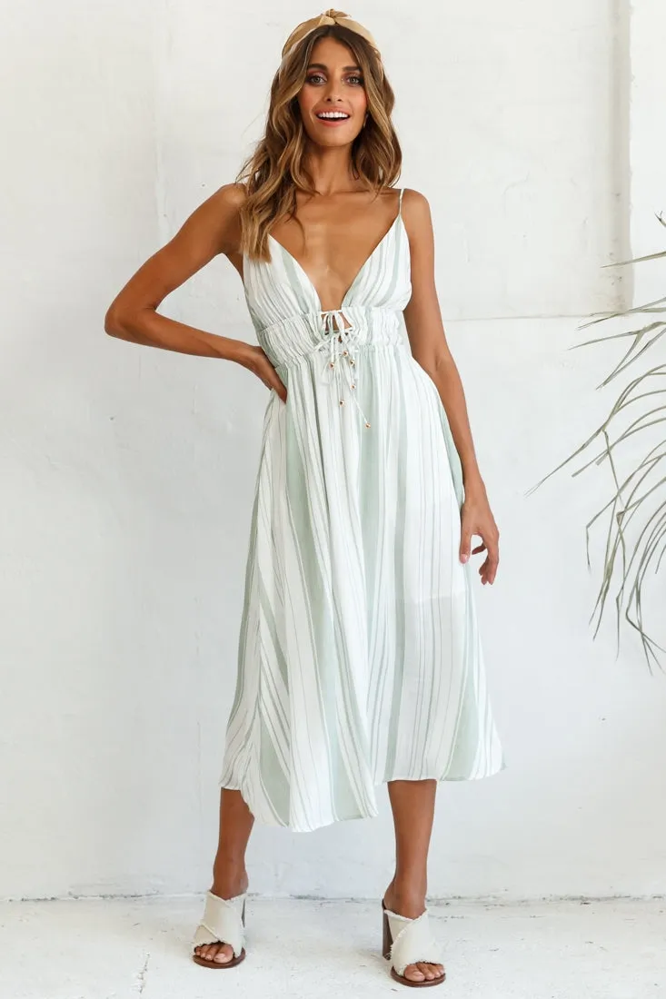 Hosanna Drawstring Detail Pocket Midi Dress Stripe Print Olive