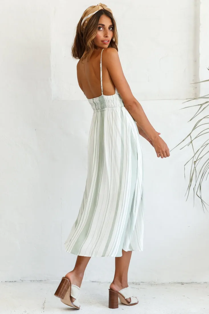 Hosanna Drawstring Detail Pocket Midi Dress Stripe Print Olive