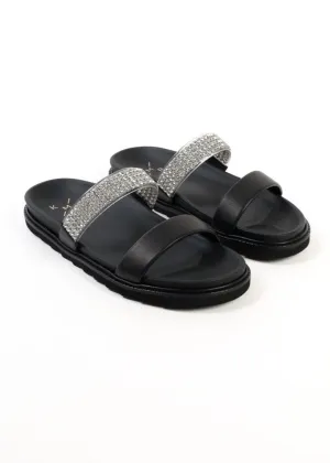 JULS BLACK – Two Strap Footbed Sandals with Strass Decoration