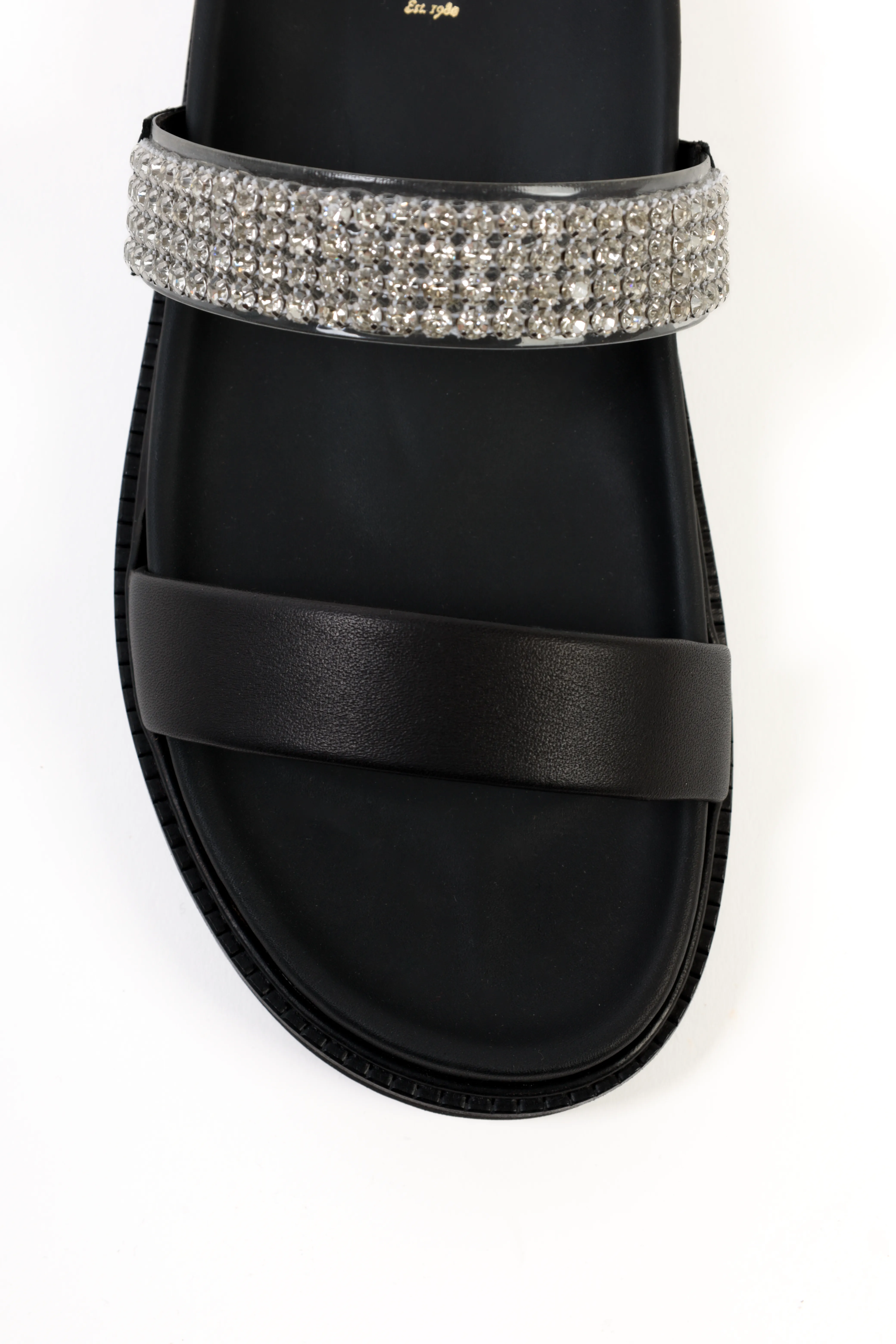 JULS BLACK – Two Strap Footbed Sandals with Strass Decoration