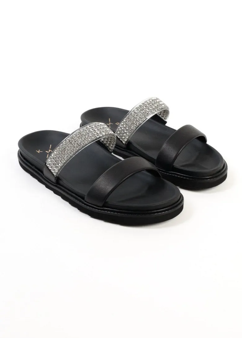 JULS BLACK – Two Strap Footbed Sandals with Strass Decoration