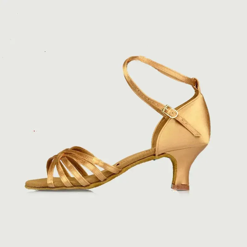 Latin Ballroom Dance Shoes Dance Sneakers for Salsa, Satin Open Toe, Tan Color with Cowhide Sole
