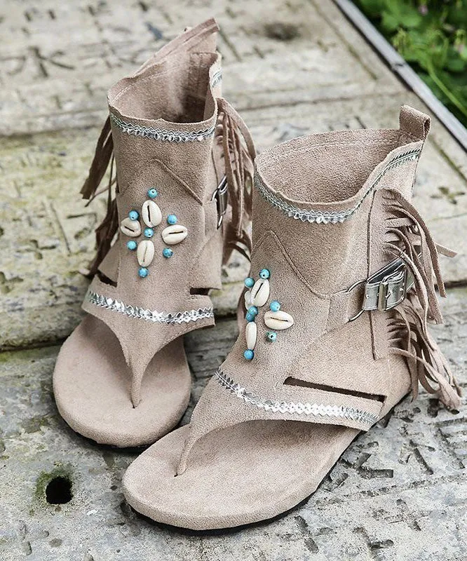Light Brown Suede Tassel Nail Bead Comfy Splicing Walking Sandals LY4305