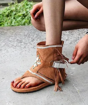 Light Brown Suede Tassel Nail Bead Comfy Splicing Walking Sandals LY4305