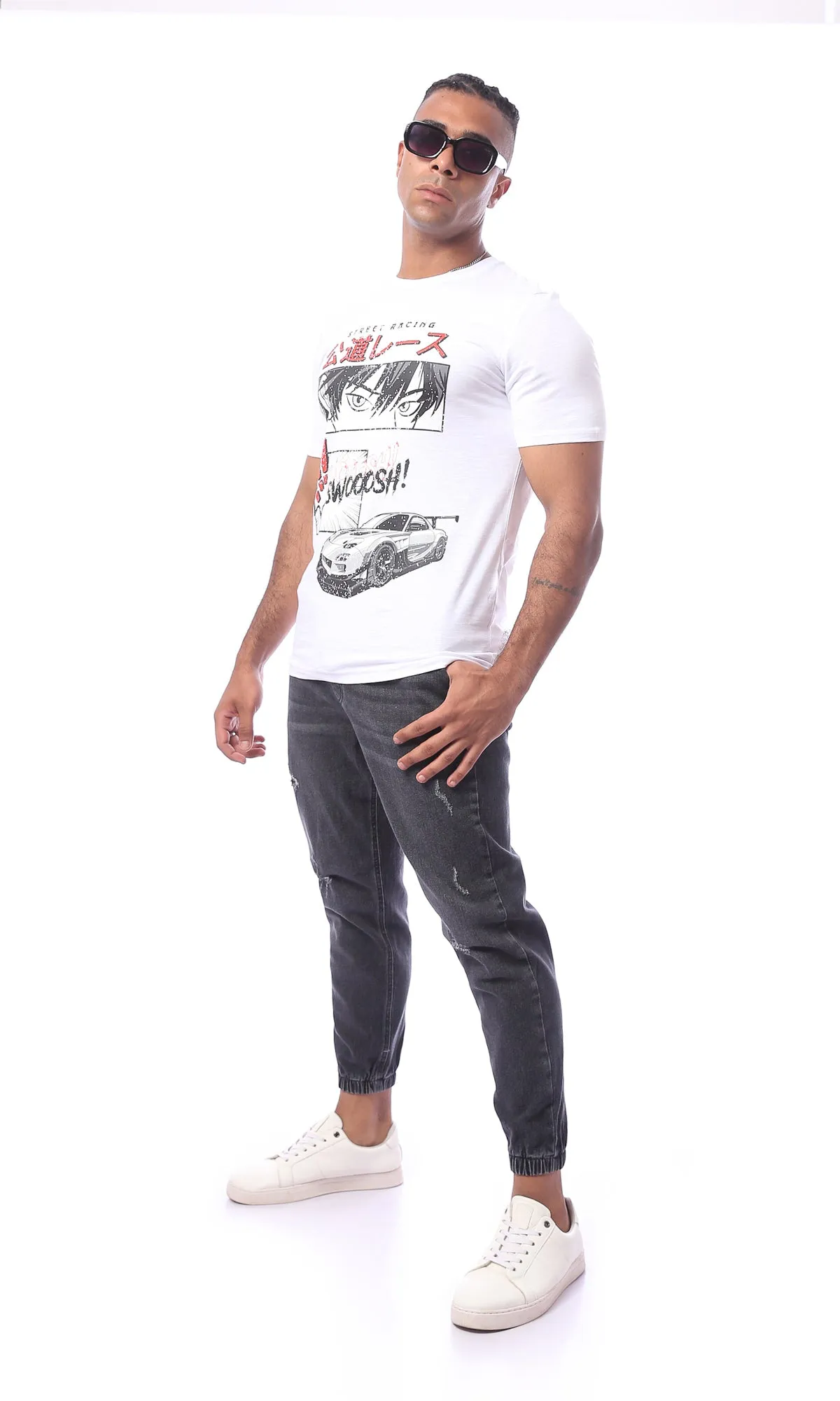 O163642 White Slip On Printed Rounded Neck Summer Tee