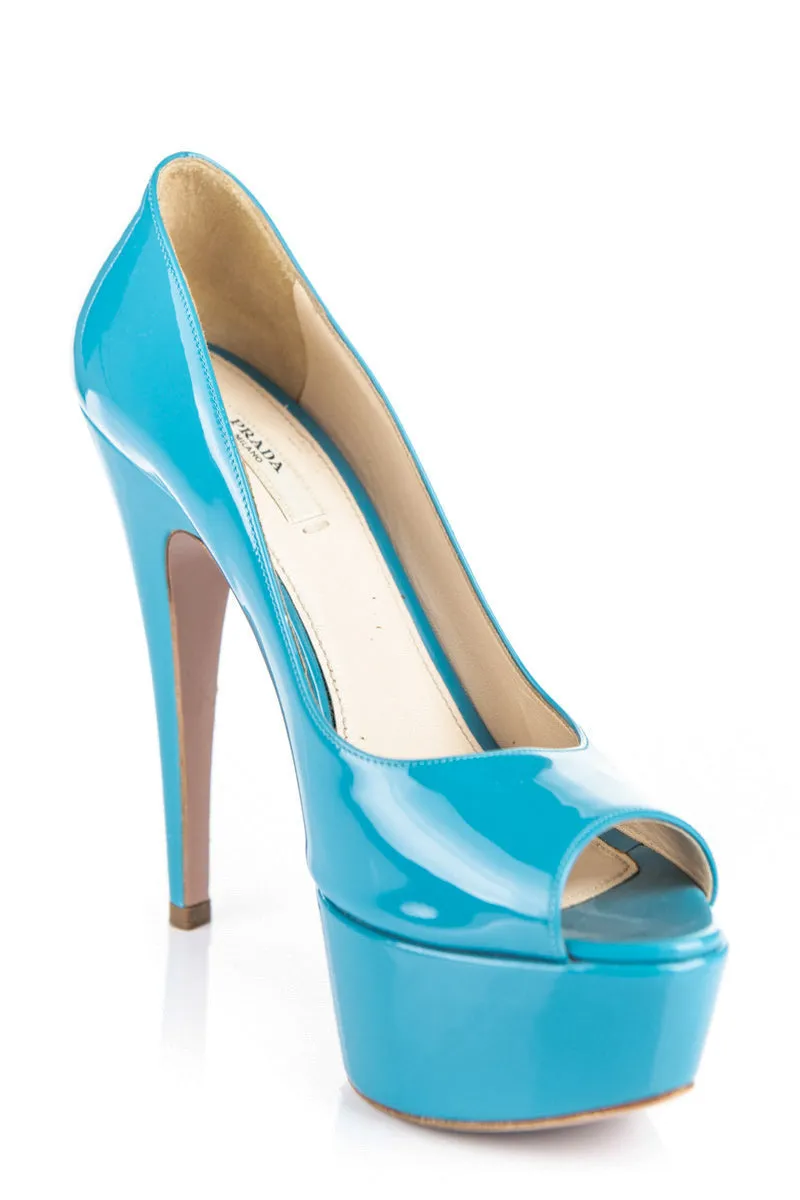 Prada Turquoise Patent Leather Platform Pumps Size US 7.5 | EU 37.5