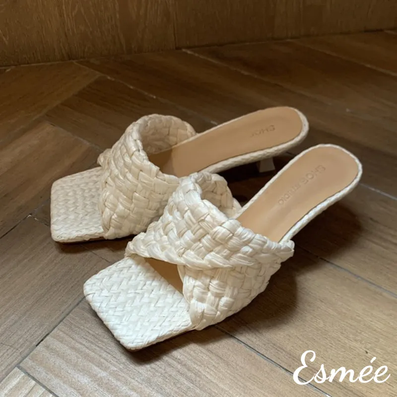 Raffia Woven High Heel Mule Sandals with Square Toe Design