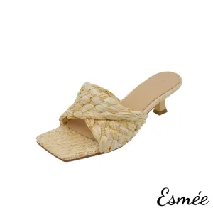 Raffia Woven High Heel Mule Sandals with Square Toe Design