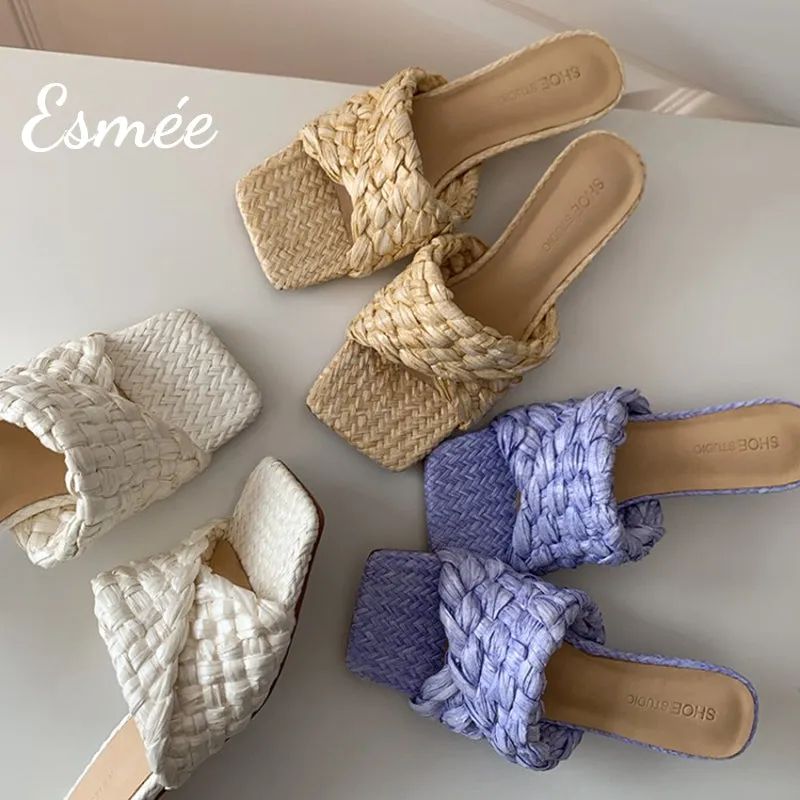 Raffia Woven High Heel Mule Sandals with Square Toe Design