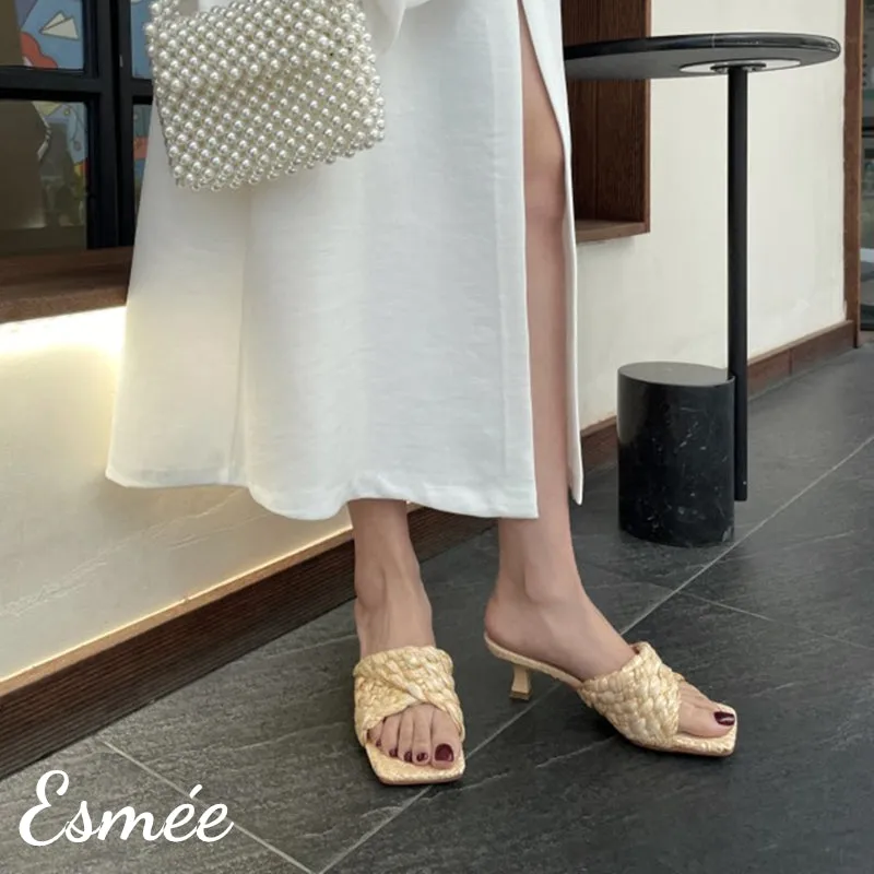 Raffia Woven High Heel Mule Sandals with Square Toe Design