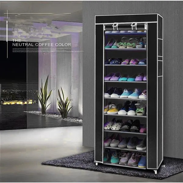 Room-saving 10-Layers 9 Lattices Non-woven Fabric Shoe Rack Black