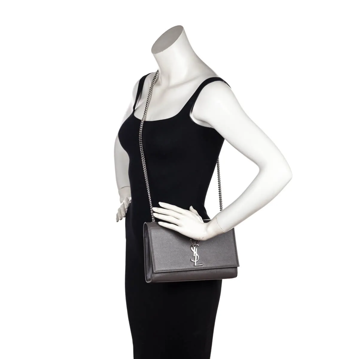 Saint Laurent Earth Grey Grain De Poudre Medium Chain Kate Bag