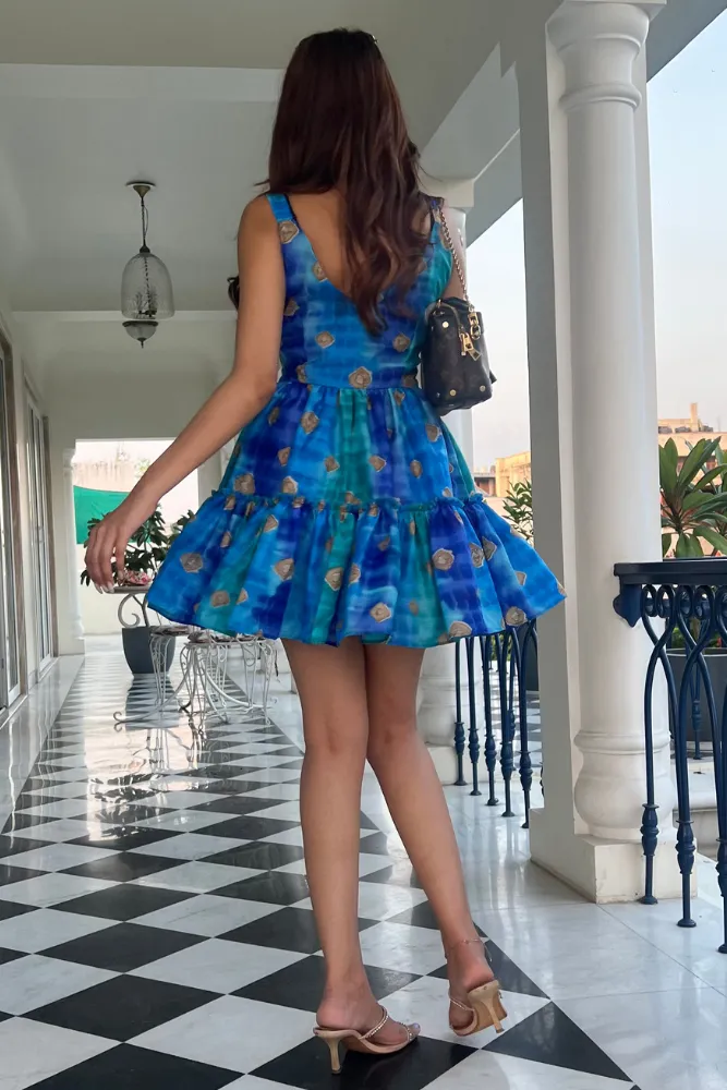 Shibori Blue Viscose Short Dress
