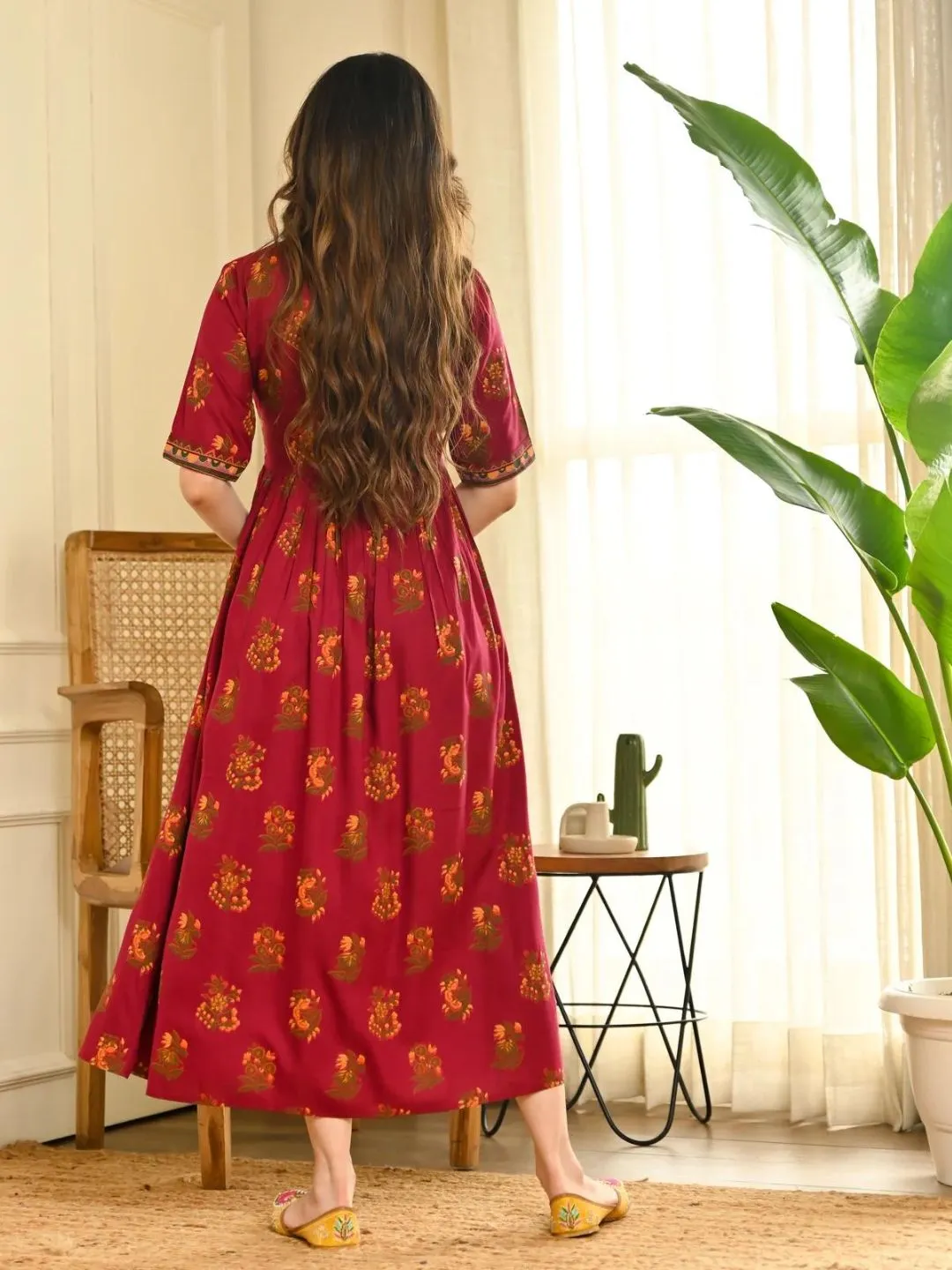 Slash Maroon V-Neck Gathered Dress