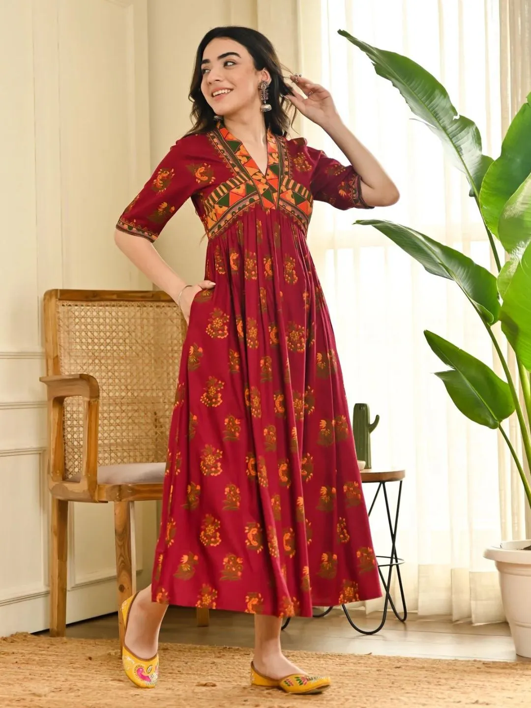 Slash Maroon V-Neck Gathered Dress