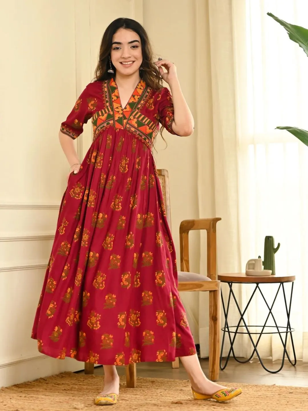 Slash Maroon V-Neck Gathered Dress