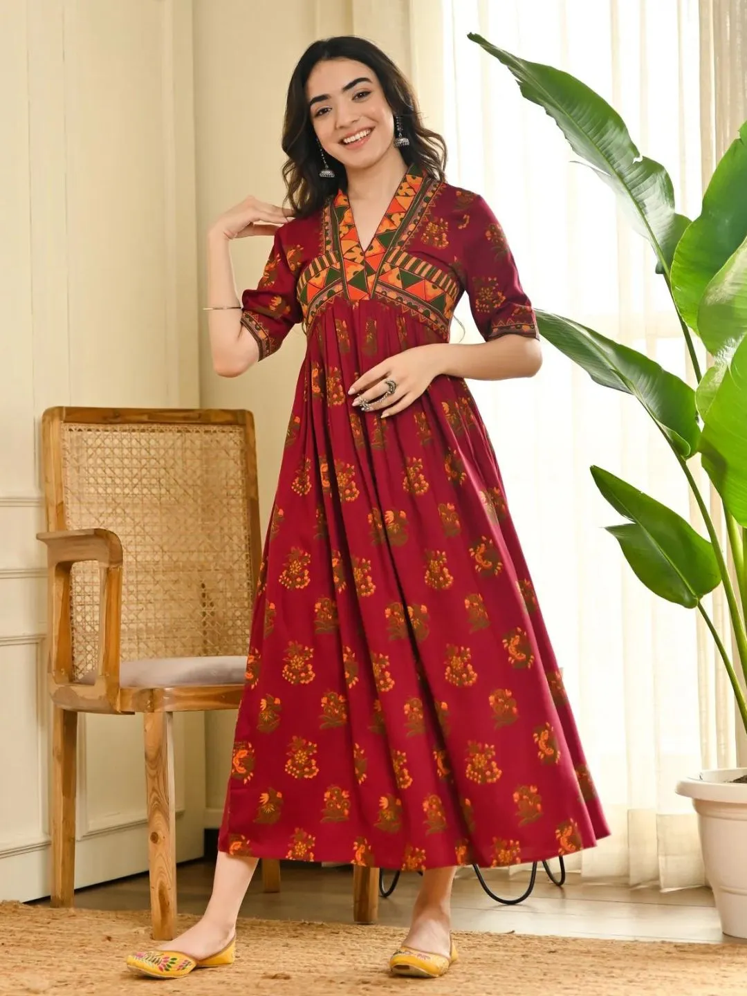 Slash Maroon V-Neck Gathered Dress