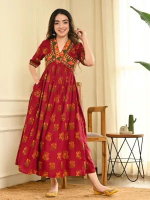 Slash Maroon V-Neck Gathered Dress