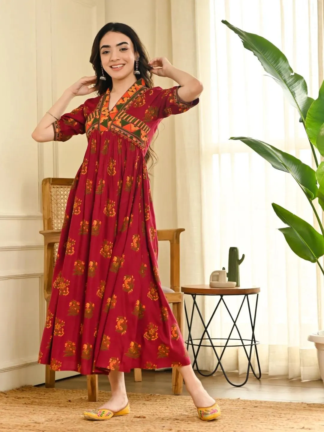 Slash Maroon V-Neck Gathered Dress