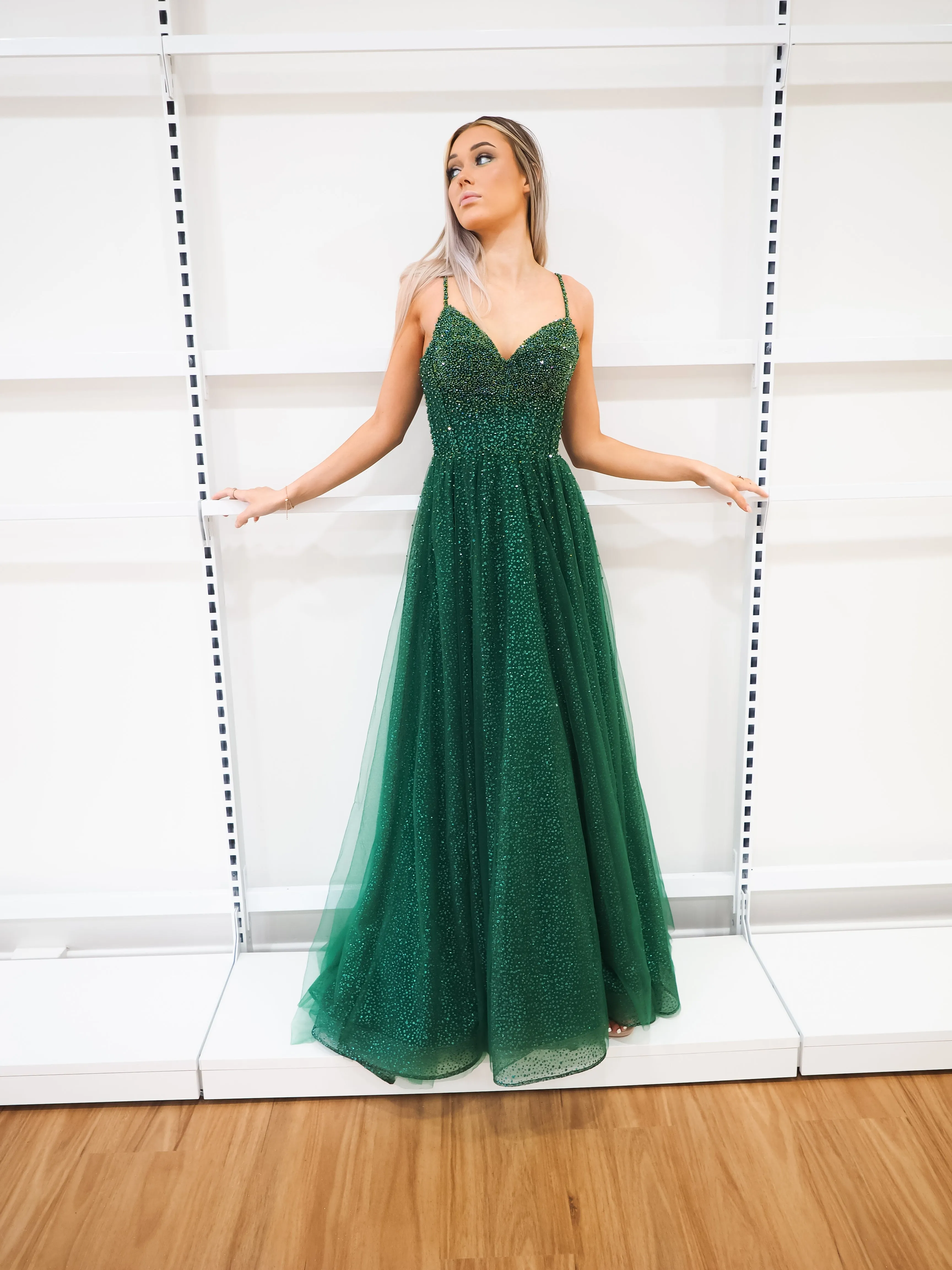 Sparkling green beaded princess dress
