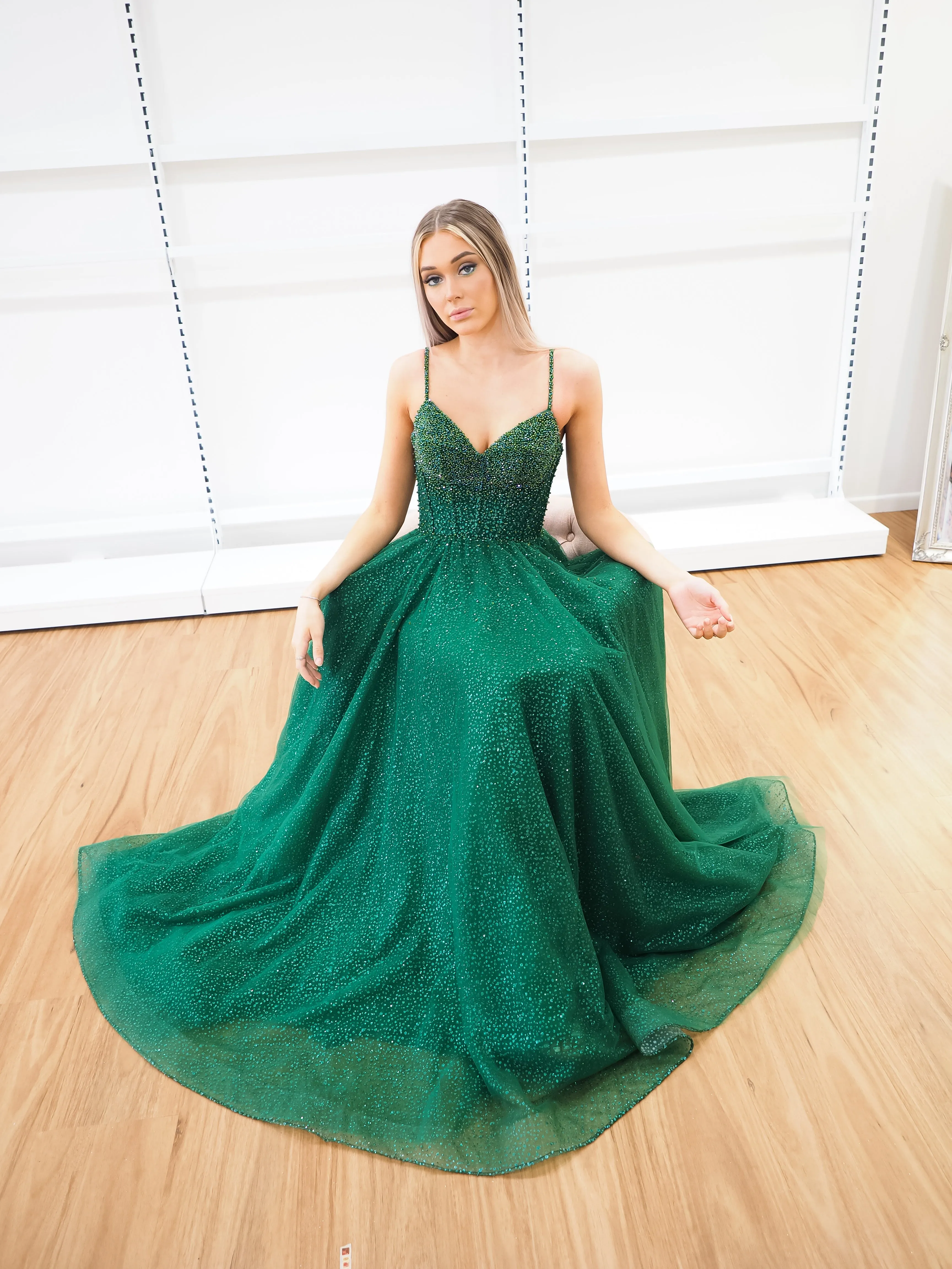 Sparkling green beaded princess dress