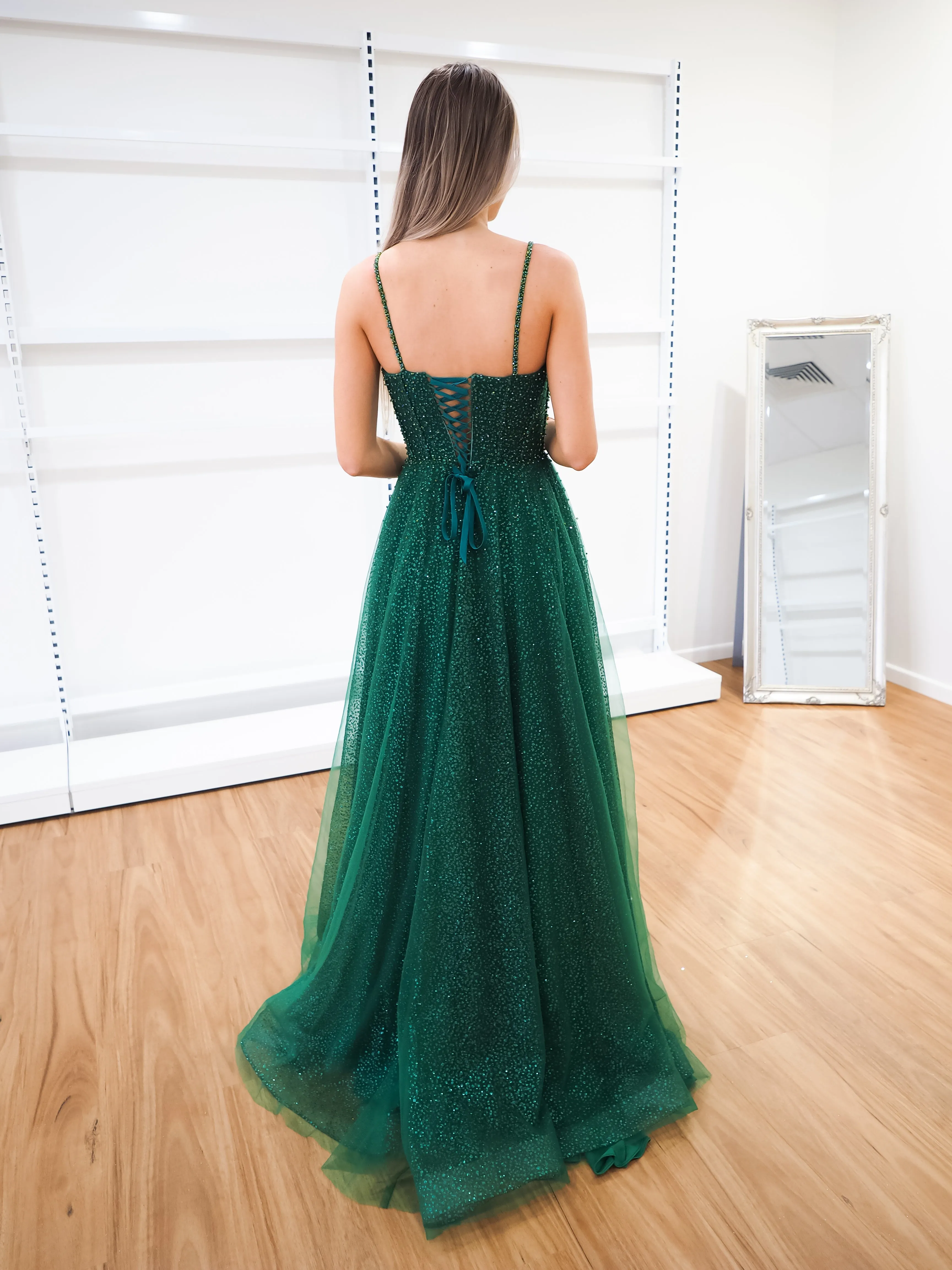 Sparkling green beaded princess dress