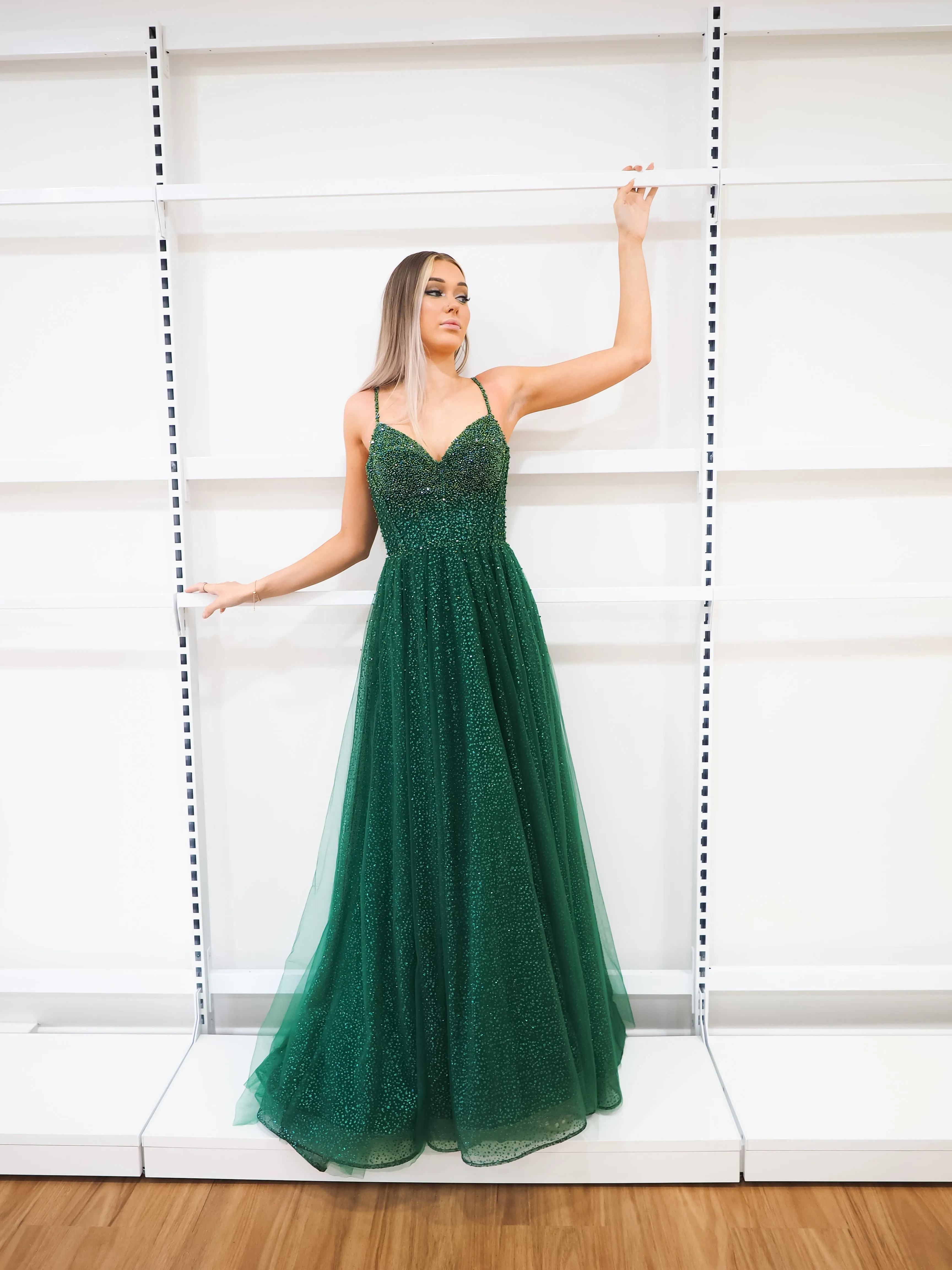 Sparkling green beaded princess dress