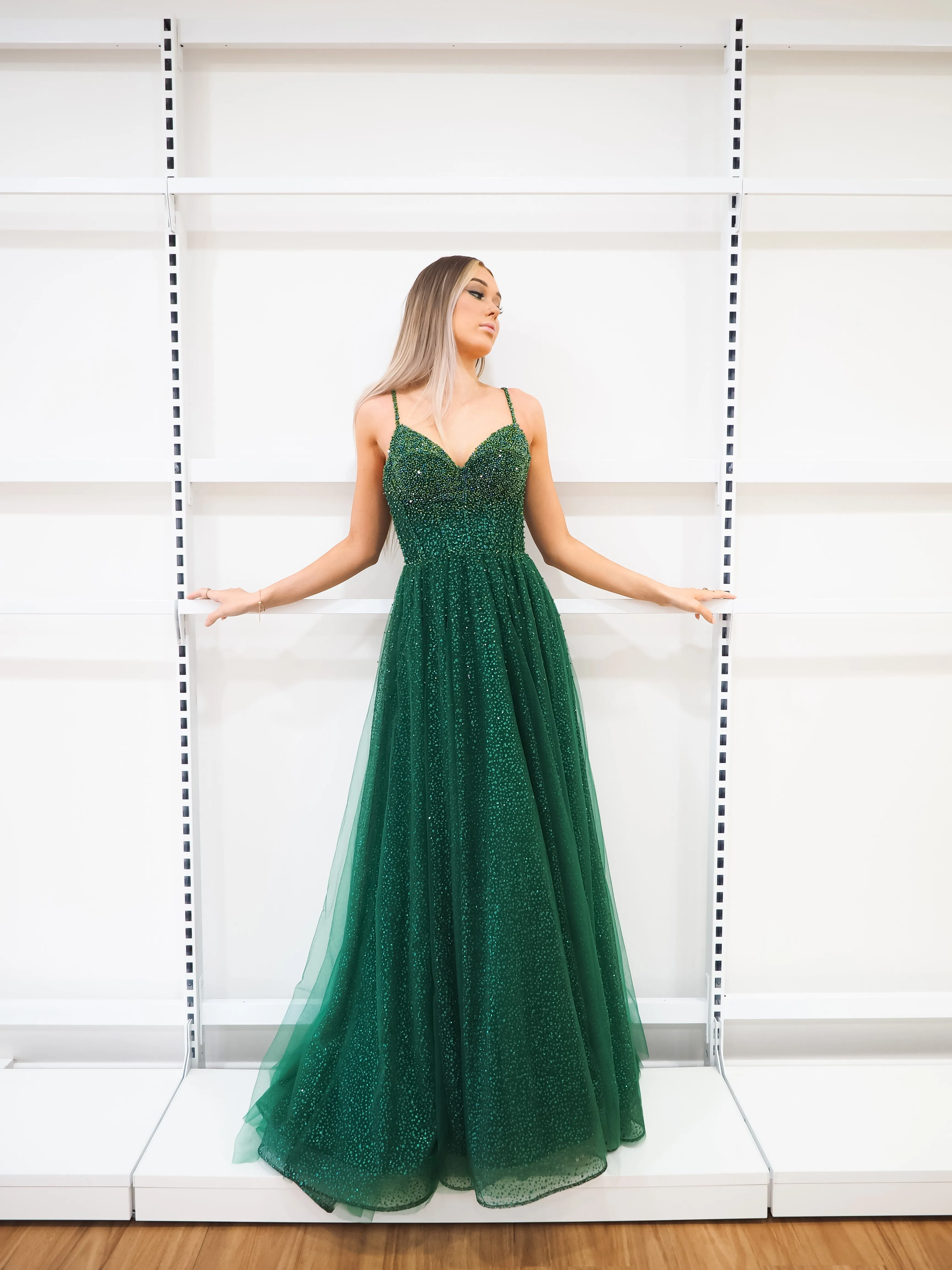 Sparkling green beaded princess dress