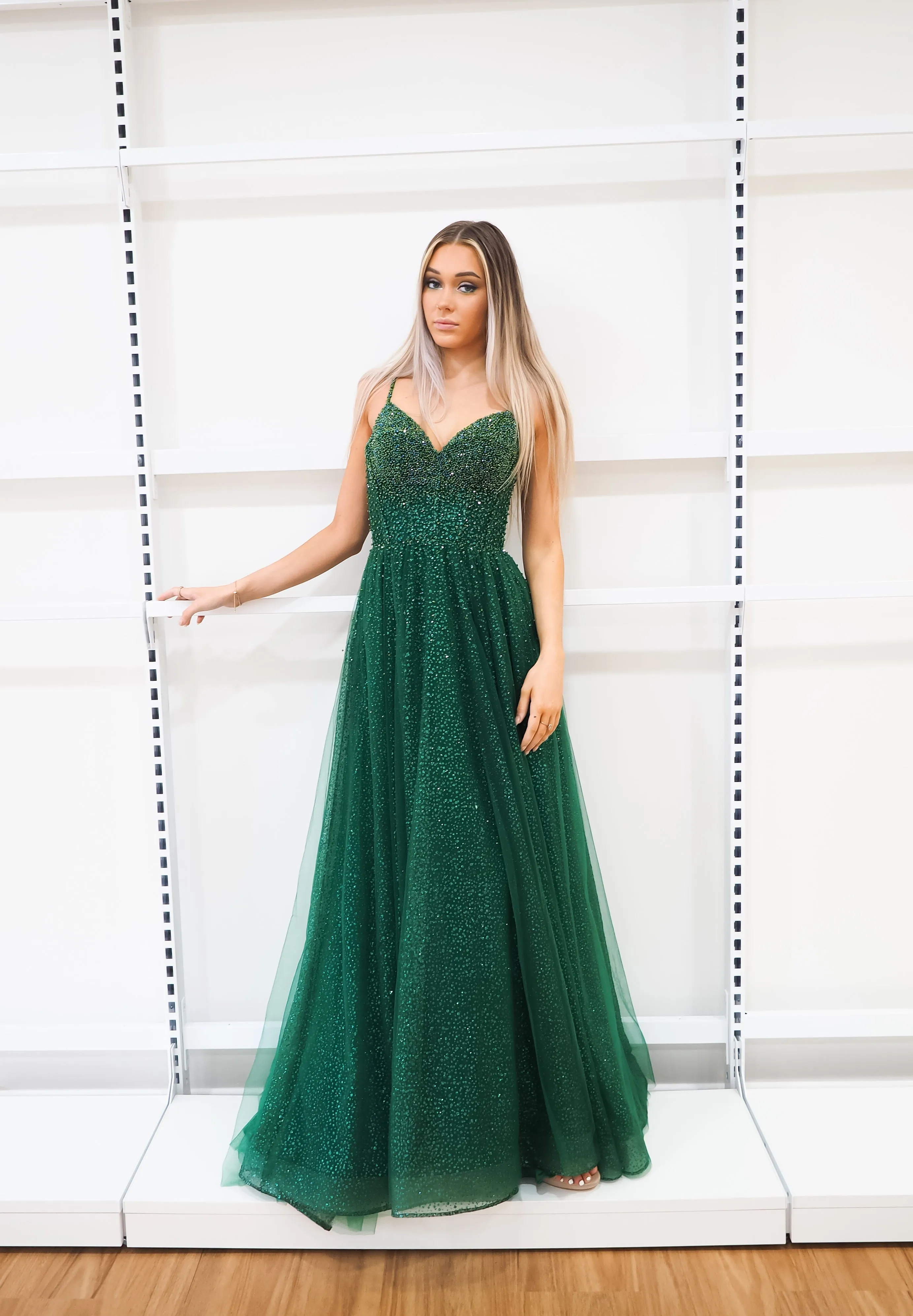 Sparkling green beaded princess dress