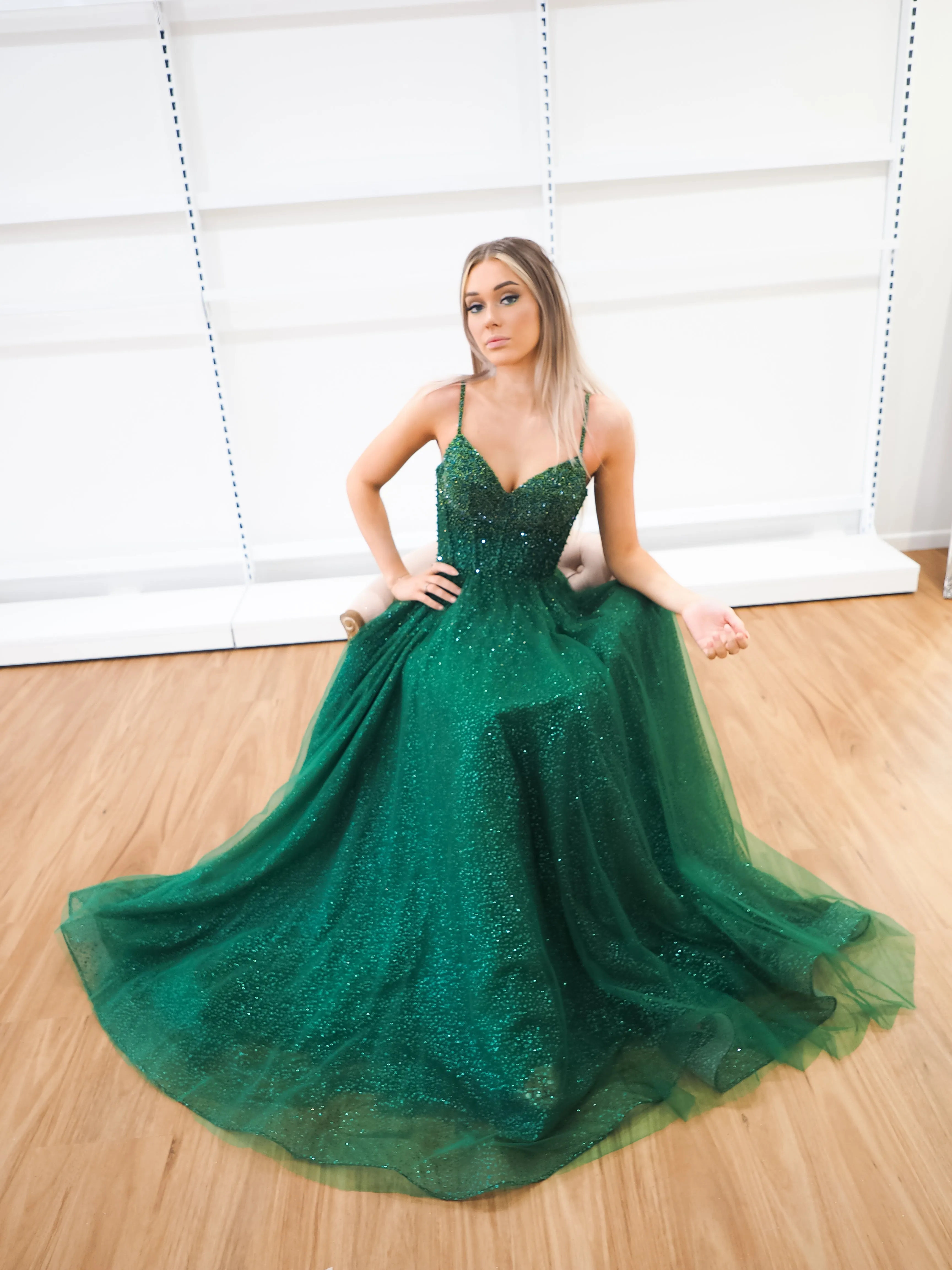 Sparkling green beaded princess dress