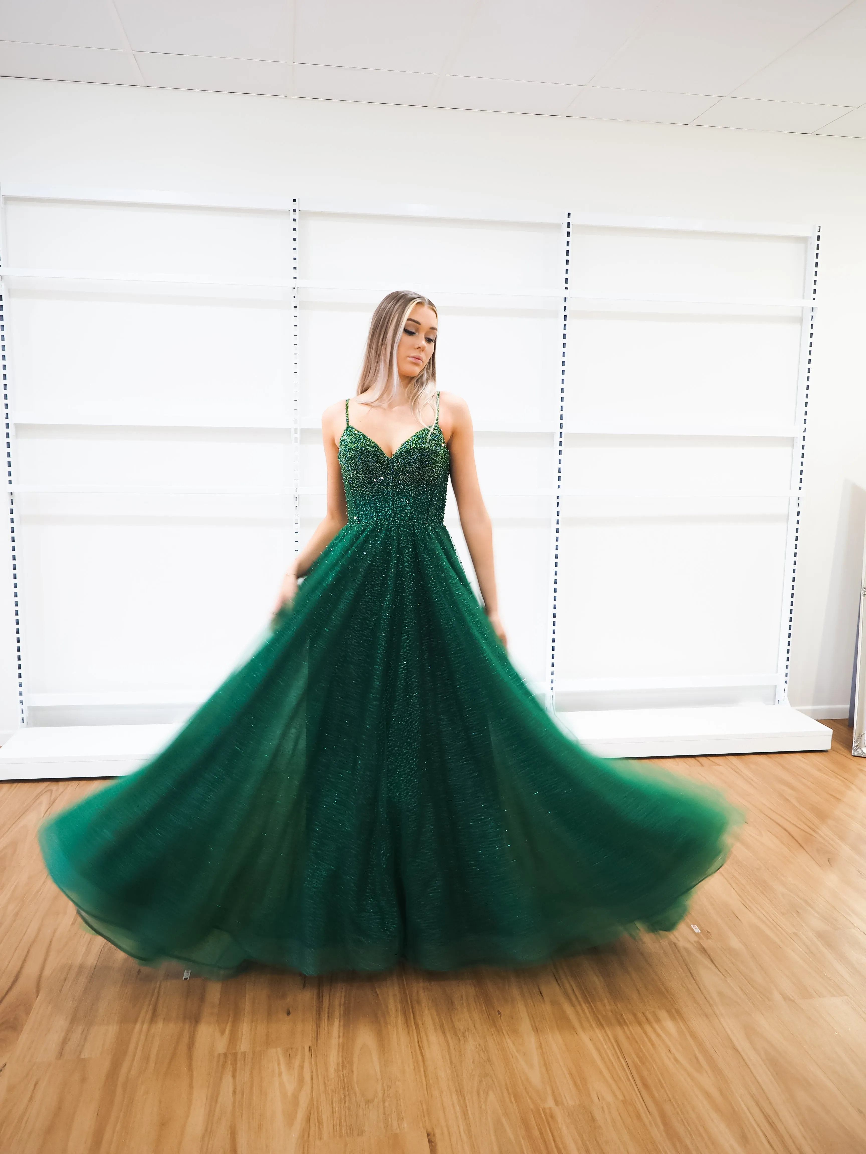 Sparkling green beaded princess dress